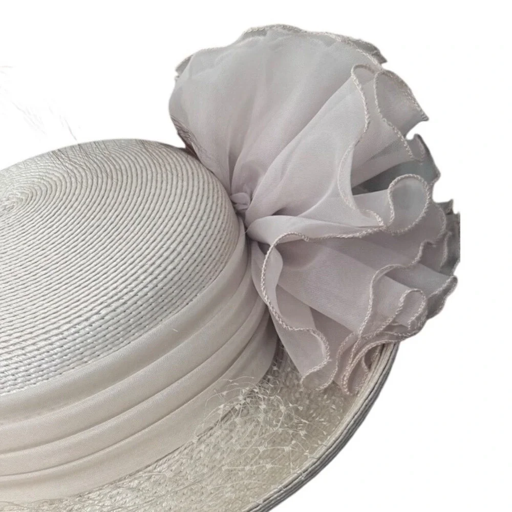 Joan Sylvia St Louis Vintage Cream  Dress Hat Organza Feather Derby‎ Jody  G EUC